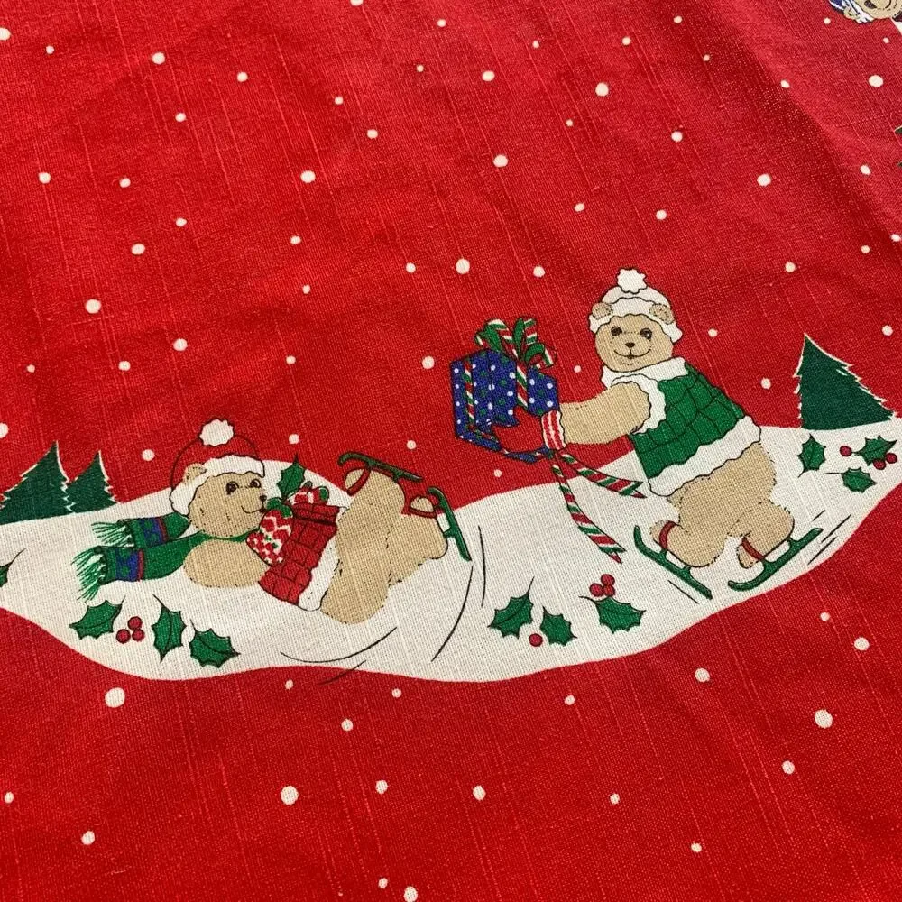 Vintage Christmas Tablecloth Round Red Holiday Teddy Bear Snow Scene 60” Decor